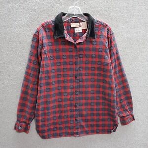 Basic Editions Women Top Medium Red Plaid Holiday Flannel Button Up Collar